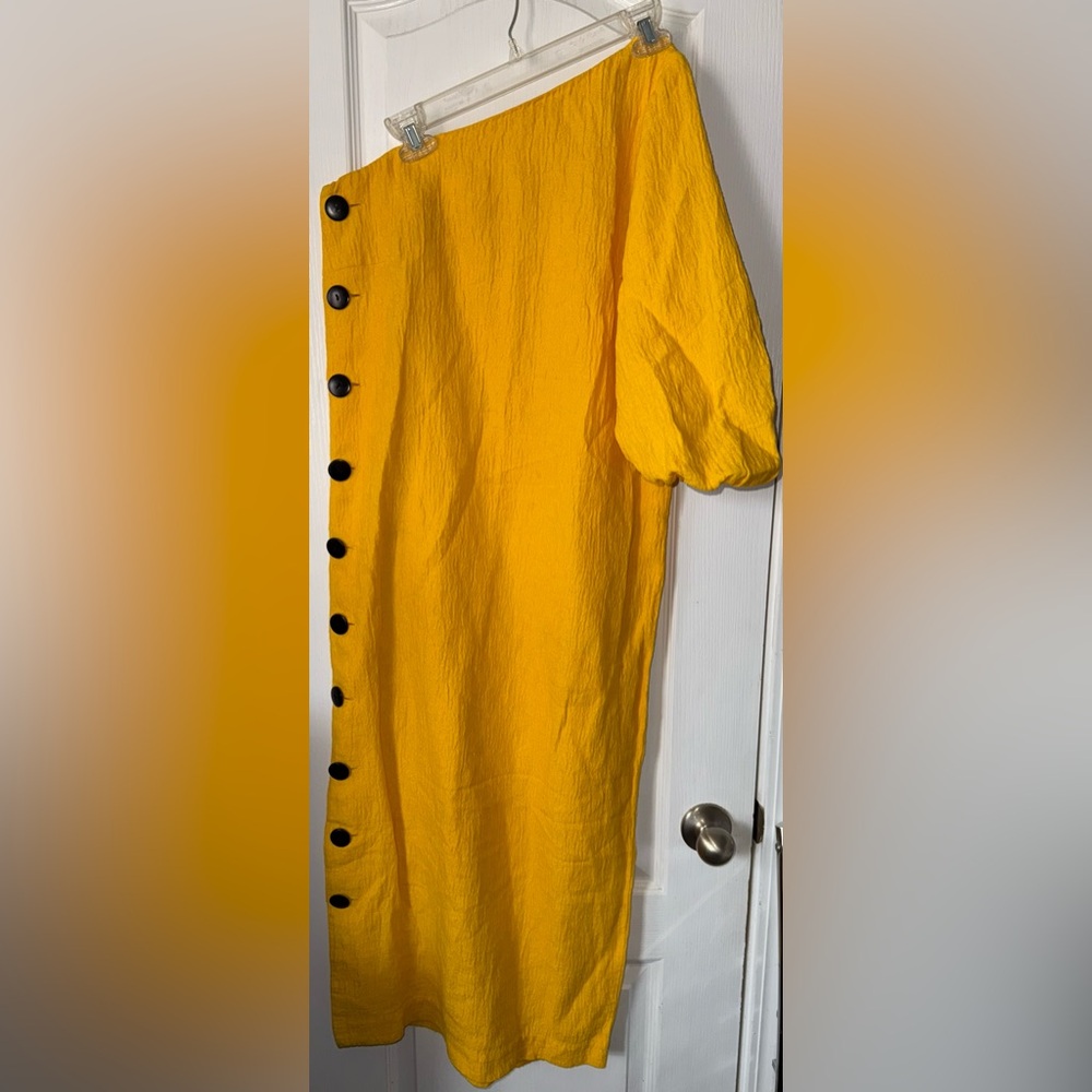 Mara Hoffman Emilie One-Shoulder Cotton Linen Cloqué Midi Dress Yellow Size 0 - Picture 4 of 10
